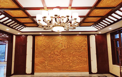 江北中式别墅客厅中式木作横梁吊顶装饰展示